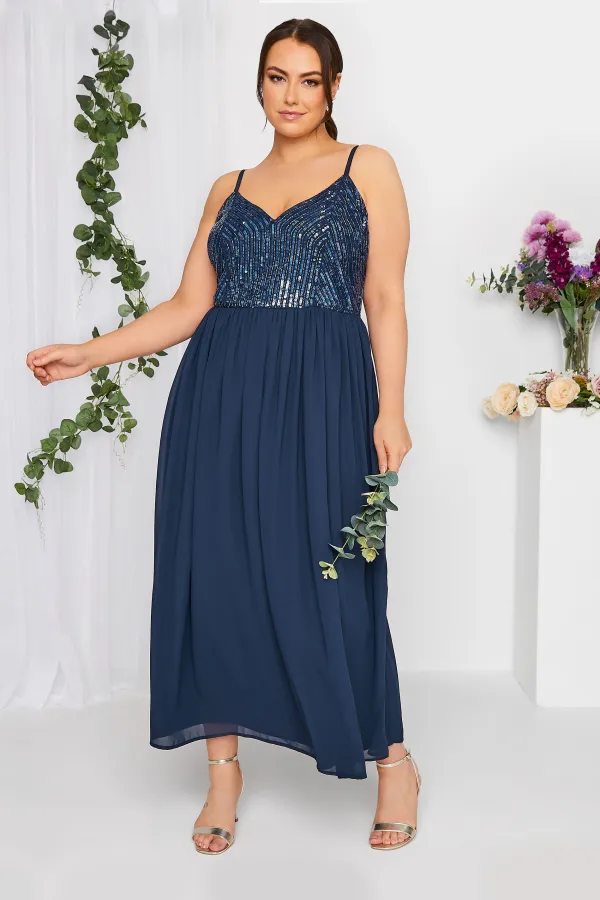 LUXE Curve Navy Blue Sequin Embellished Sleeveless Maxi Dress