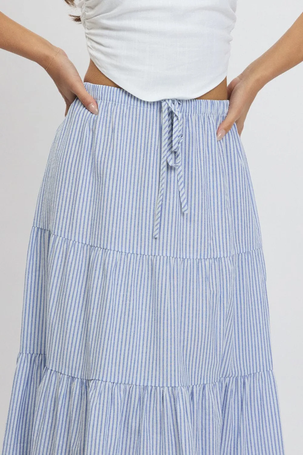 Blue Stripe Maxi Skirt Tiered High Rise Elastic Waistband