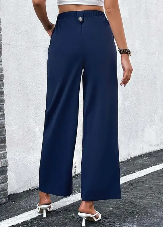 Navy Button Elastic Waist High Waisted Pants