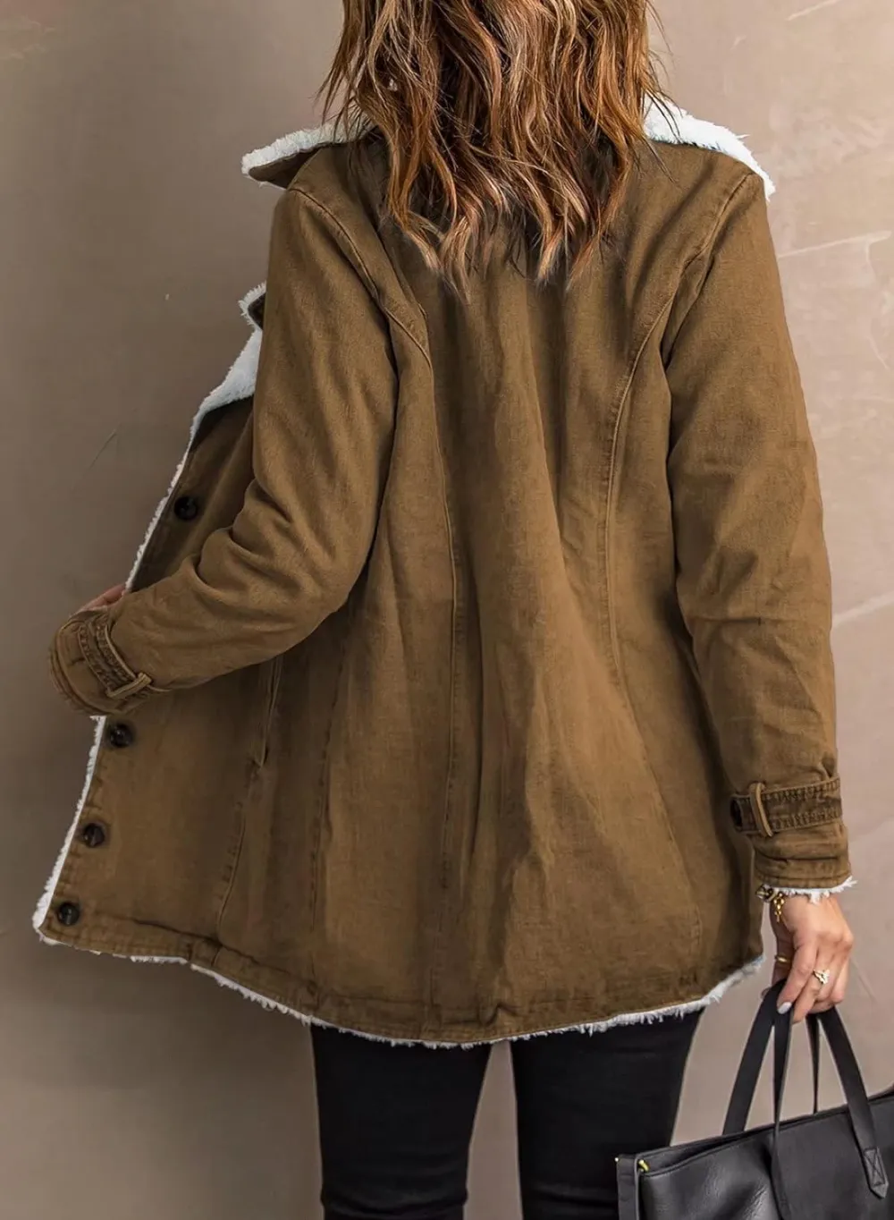 Womens Winter Warm Jean Jacket Stand Collar Wool Liner Sherpa Denim Coats Thicker Outerwear with Pockets