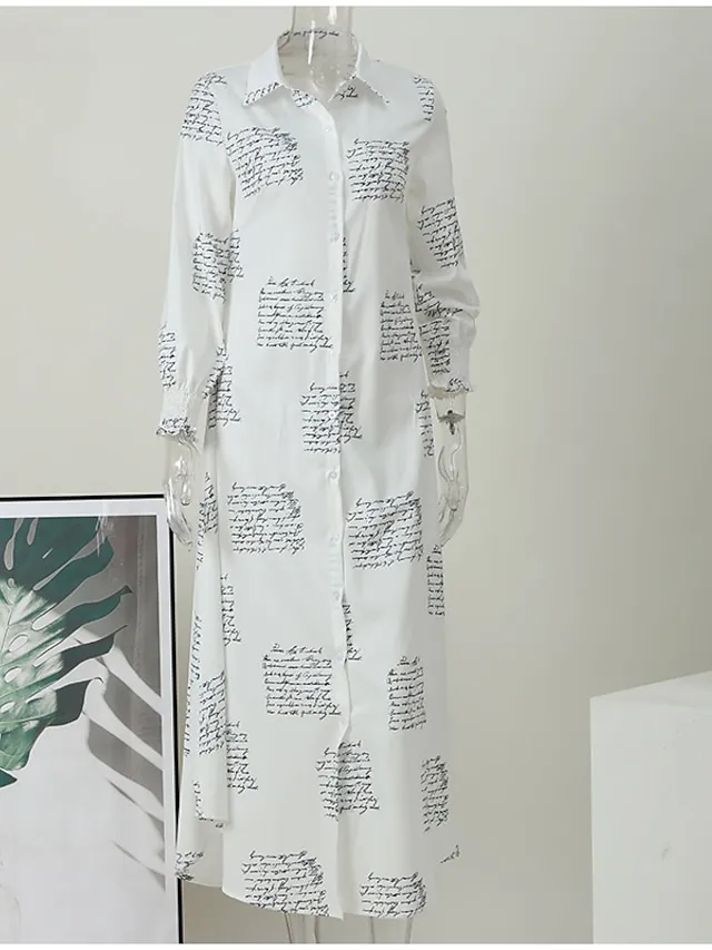 Women's Casual Dress Shirt Dress Casual Dress Geometric Print Button Pocket Shirt Collar Maxi long Dress Basic Casual Outdoor Daily Long Sleeve Regular Fit Leopard Pattern white Black Summer Spring S