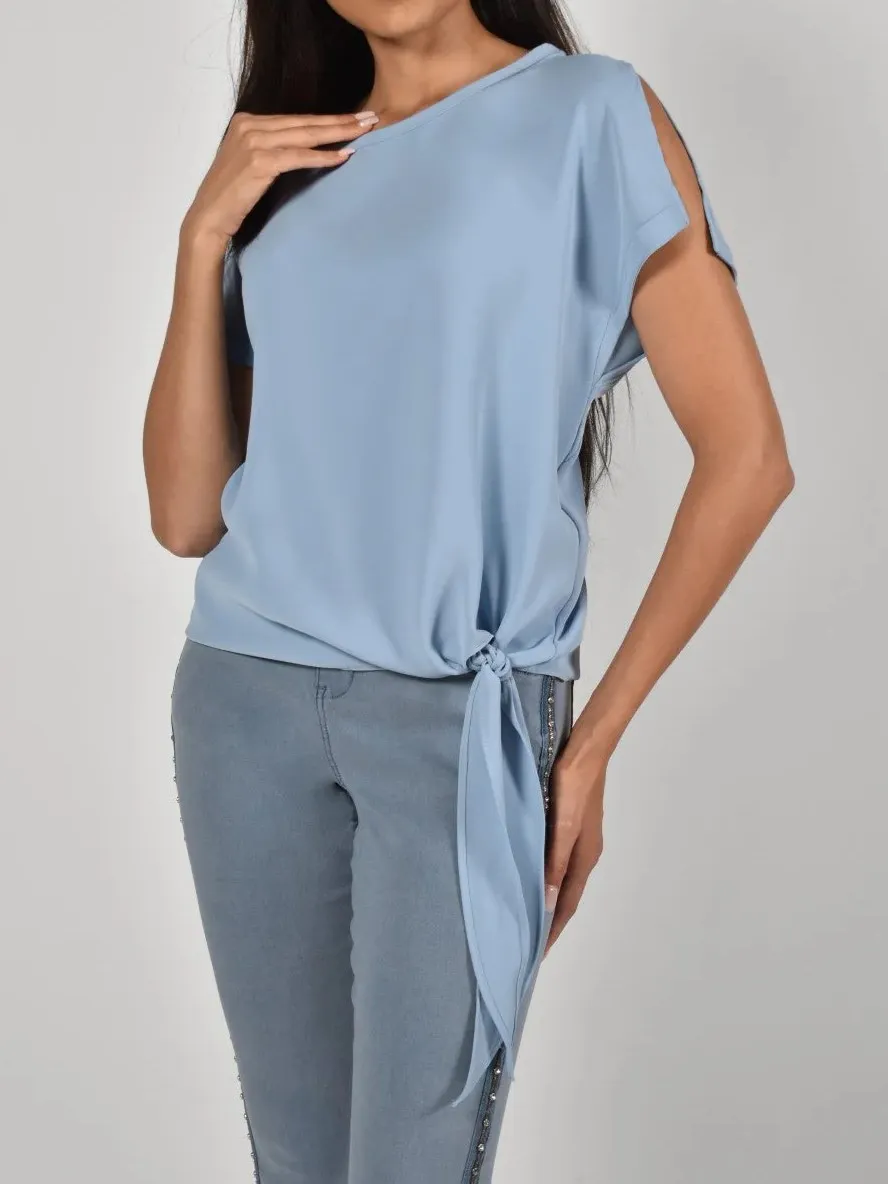 Sky Blue Cold - Shoulder Tie - Front Blouse