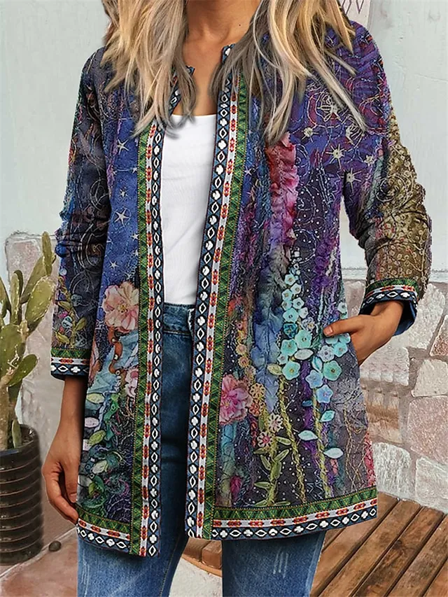 Women's Casual Jacket Floral Print Fall Winter Regular Coat Regular Fit Casual Baroque Jacket Long Sleeve Blue Daily Holiday