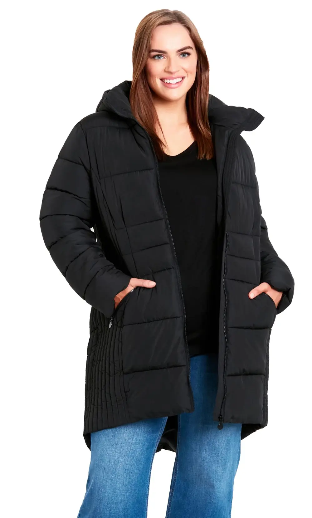 Evans Black Panelled Puffer Midi Coat