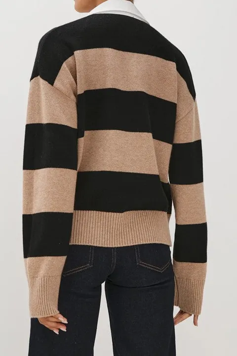 Beige Black Striped Rugby Henley Sweater