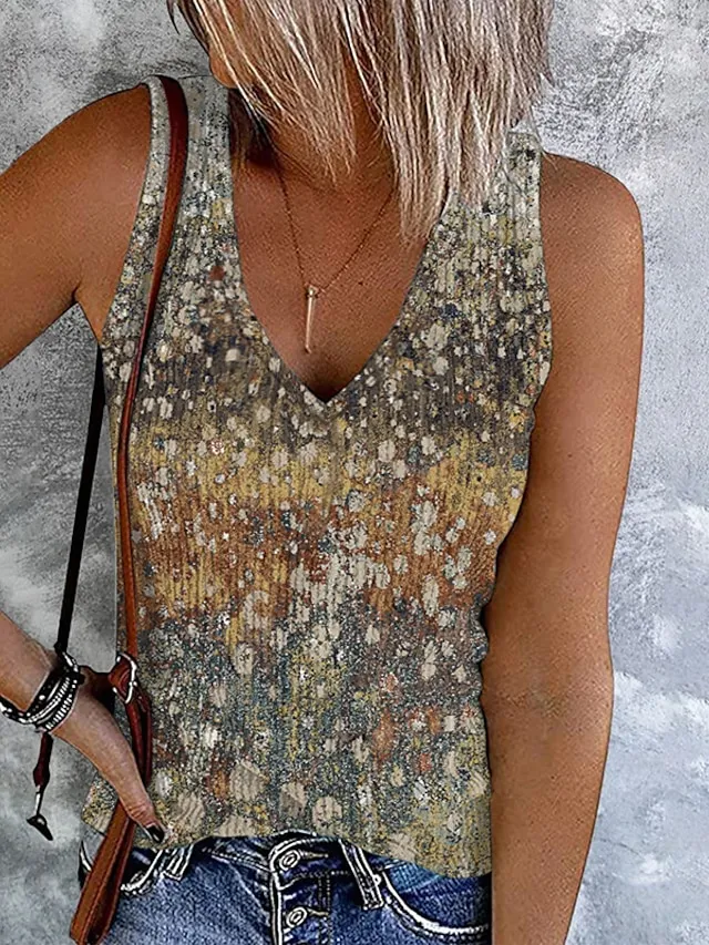 Women's Plus Size Tank Top Going Out Tops Vest Concert Tops Light Green Blue Khaki Floral Ethnic Button Print Sleeveless Holiday Streetwear Casual V Neck Regular Fit Floral