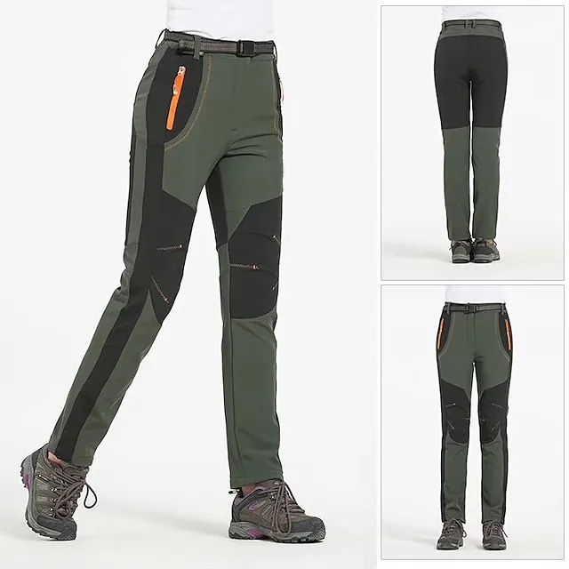 Women's Fleece Lined Pants Waterproof Hiking Pants Black Trousers Softshell Pants Winter Outdoor Thermal Warm Windproof Lightweight Elastic Waist Bottoms Army Green Burgundy Orange Camping