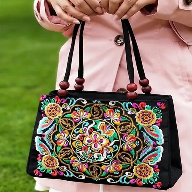 Women's Handbag Canvas Outdoor Holiday Embroidery Large Capacity Breathable Lightweight Folk Dark Red Black / Red Blue peacock