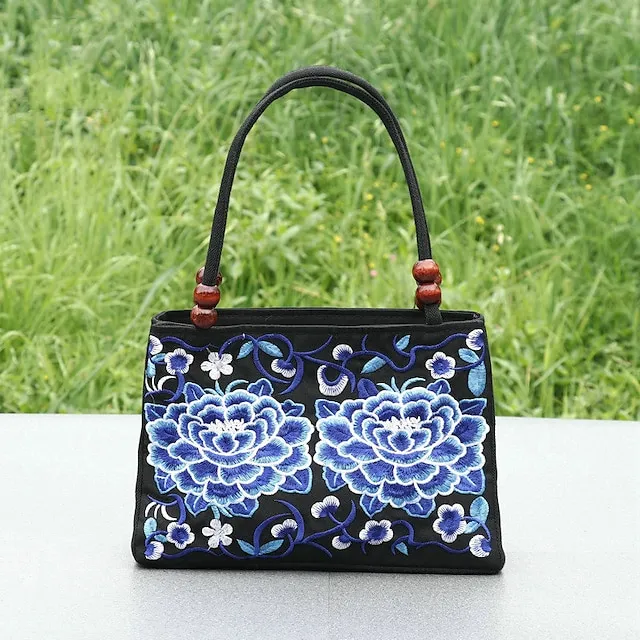 Women's Handbag Canvas Outdoor Holiday Embroidery Large Capacity Breathable Lightweight Folk Dark Red Black / Red Blue peacock