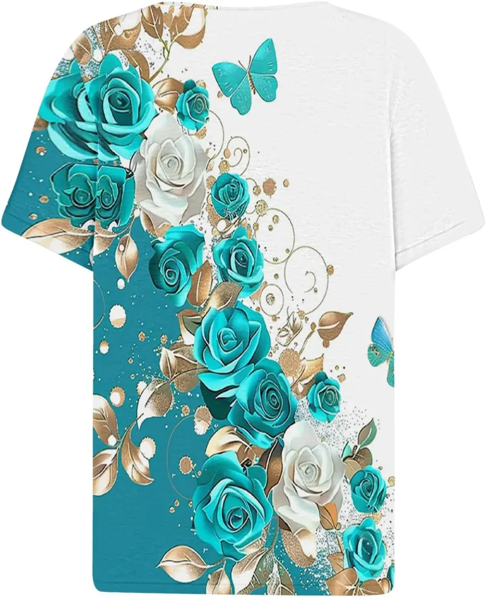Shirts for Women Casual Printed Summer Tops Short-Sleeved Button V-Neck Tops Blouse Fashion Boho T-Shirts
