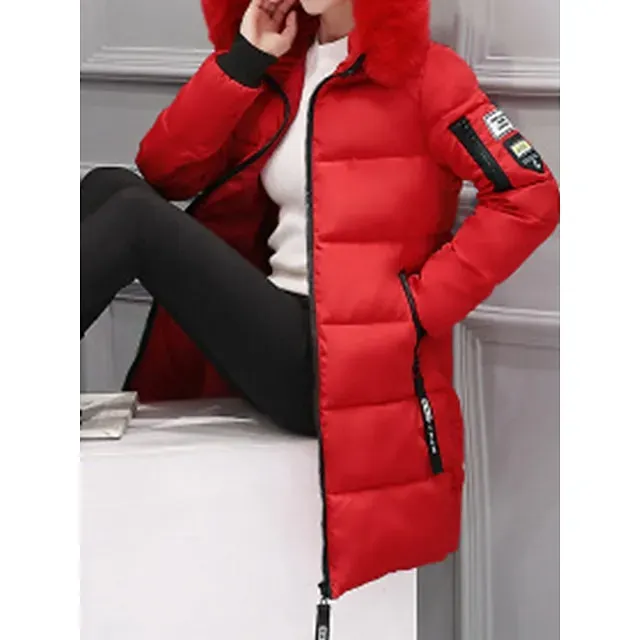 Women's Parka Long Puffer Jacket Windproof Thermal Warm Heated Coat with Pockets Winter Coat with Fur Collar Hood Long Sleeve Full Zip Black White Pink