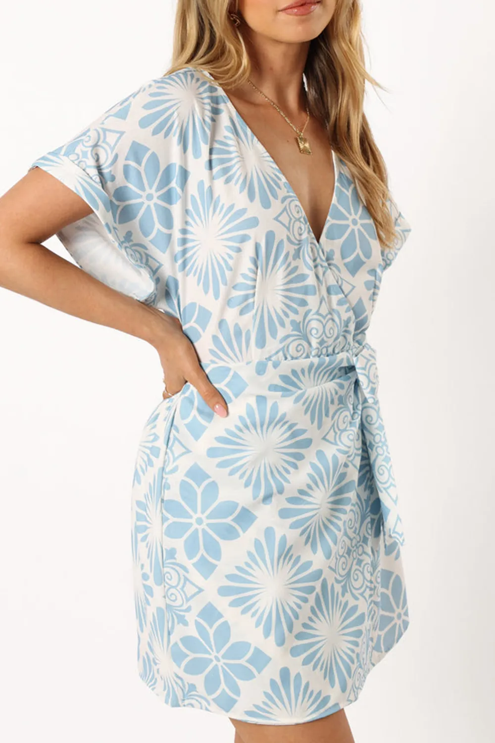 BLUE PRINT WRAP MINI DRESS