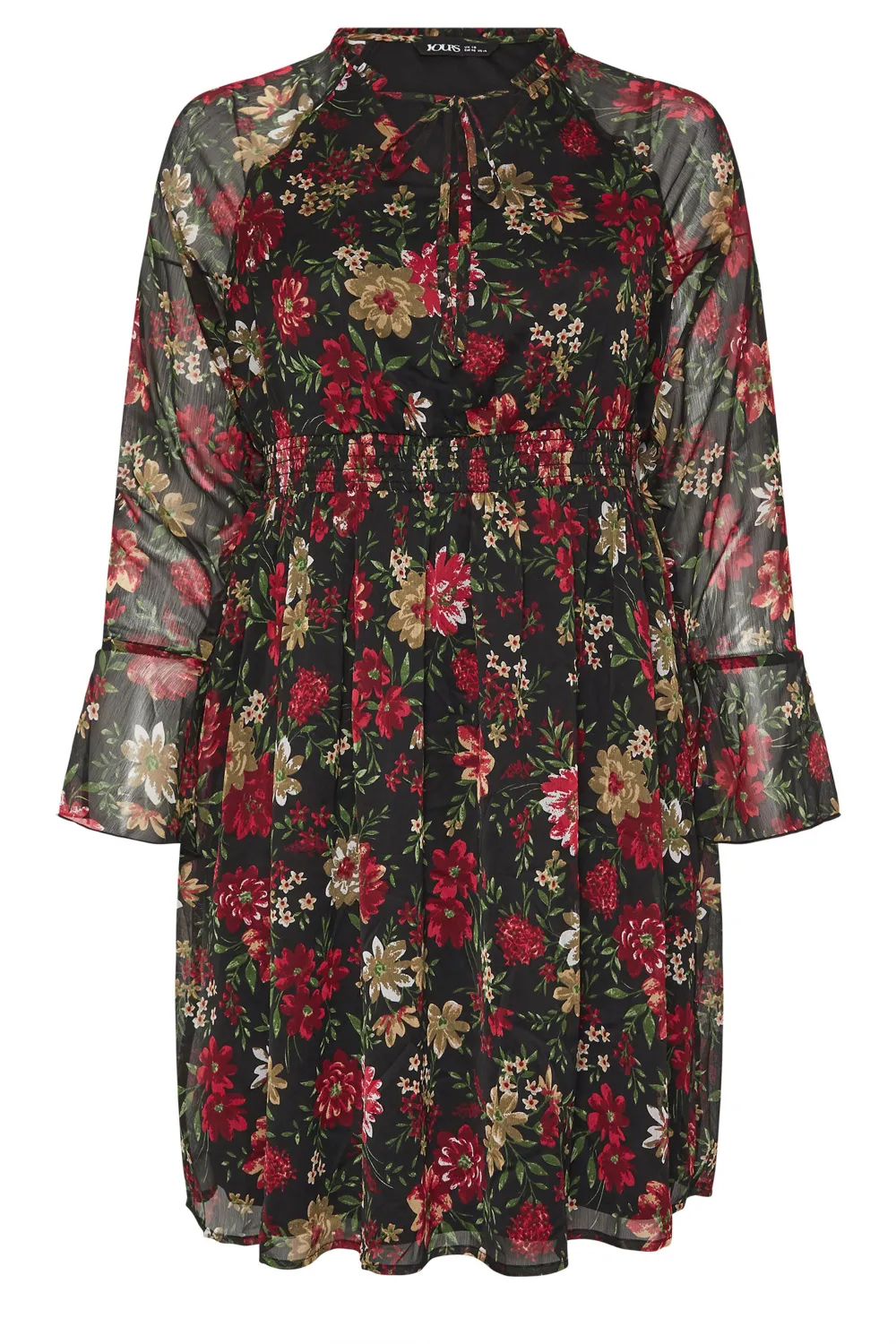 YOURS Curve Black & Red Floral Print Chiffon Tie Neck Dress