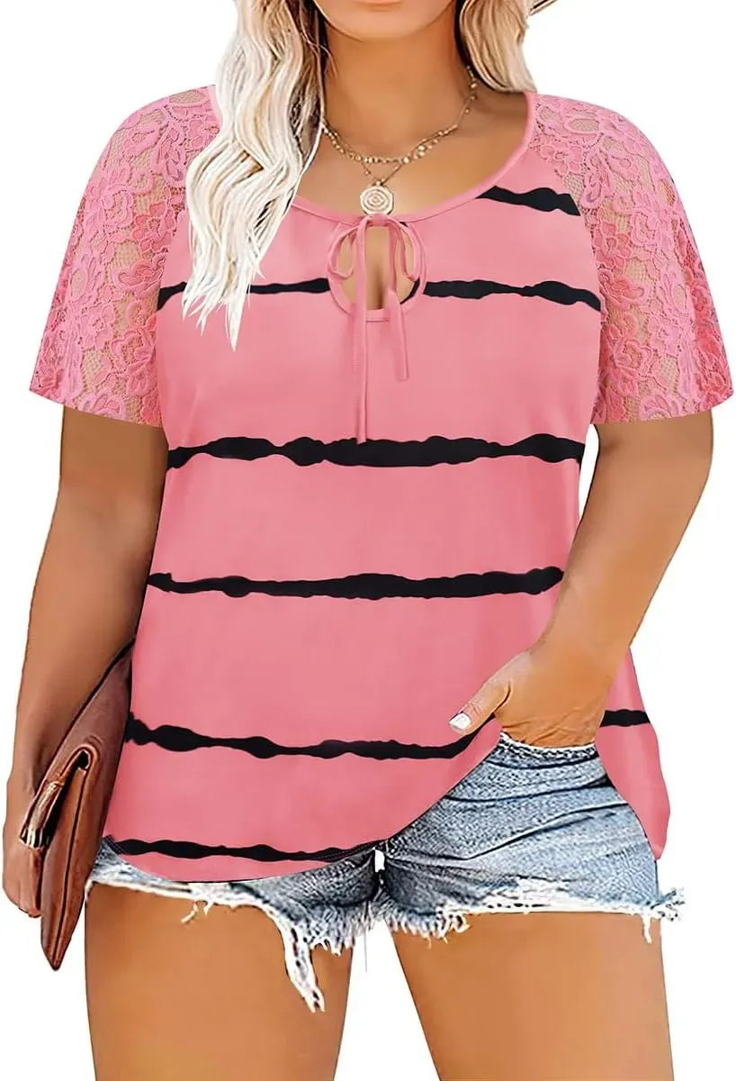 TIYOMI Plus Size T Shirt for Women Short Sleeve Tunic Cross Line Shirts Round Neck Tops Summer Blouse XL-5XL 14-28