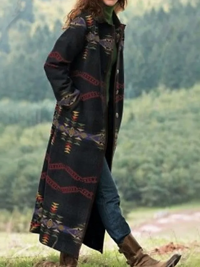 Women's Winter Coat Windproof Warm Outdoor Street Daily Vacation Pocket Oversized Print Single Breasted Lapel Chic & Modern Elegant Modern Street Style Geometric Regular Fit Outerwear Long Sleeve