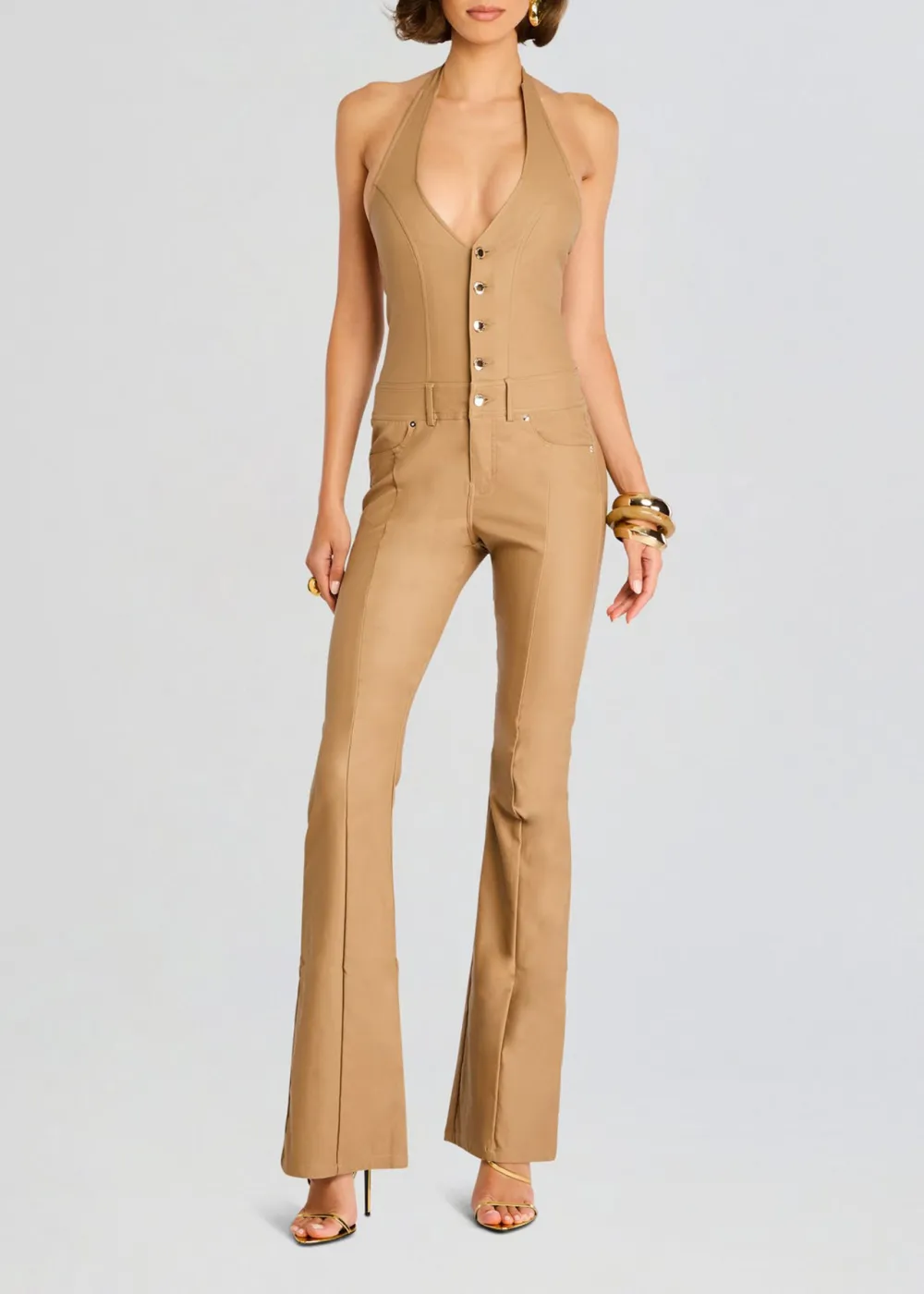 Deep V Neck Coated Denim Jumpsuit