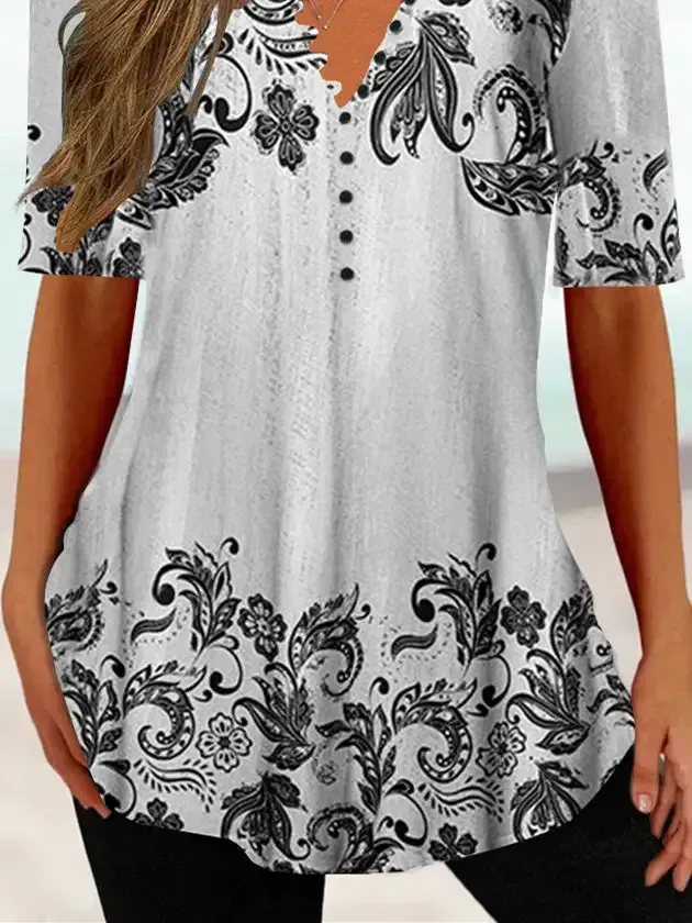 Women Half Sleeve V-neck Floral Printed Tops