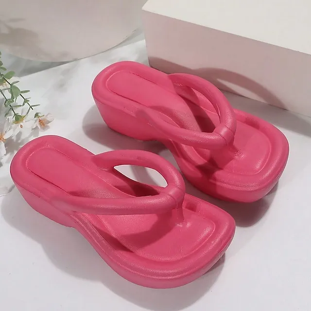 Women's Sandals Slippers Flip-Flops Wedge Heels Flip-Flops Outdoor Slippers Outdoor Beach Summer Flat Heel Elegant Casual Minimalism EVA Loafer Solid Color Black White Fuchsia