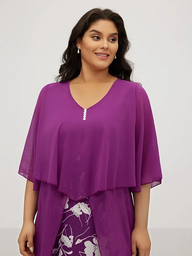 Women‘s Plus Size Curve Work Dress Floral V Neck Ruched 3/4 Length Sleeve Spring Summer Work Elegant Midi Dress  Layered Formal Vacation Dress Wedding Guest Dress