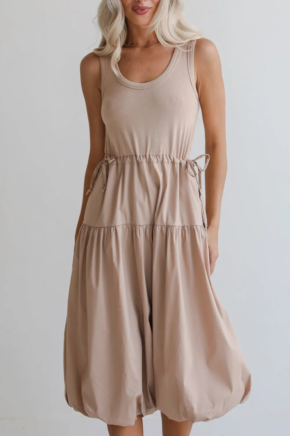 Darling Sophistication Taupe Contrast Midi Dress