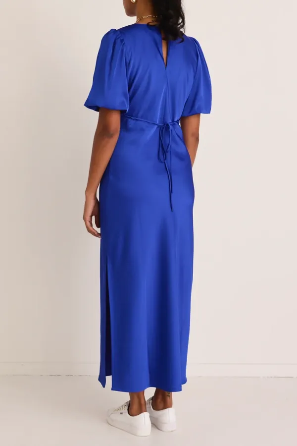 Blue Satin Short - Sleeve Maxi Dress