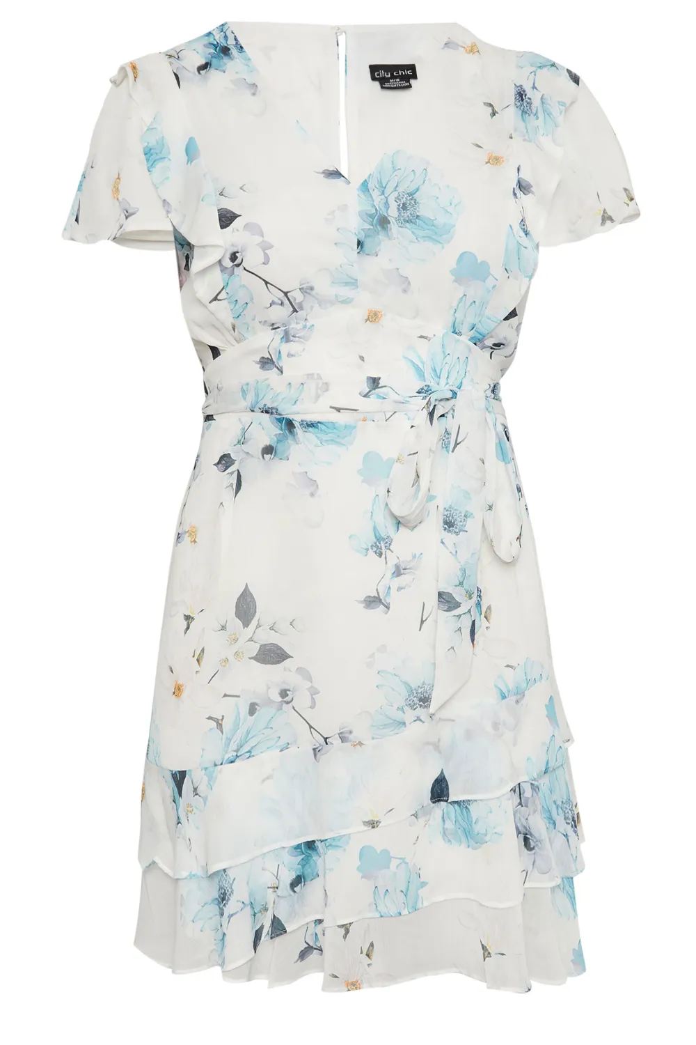 EVANS Curve White Blue Floral Print Ruffle Dress