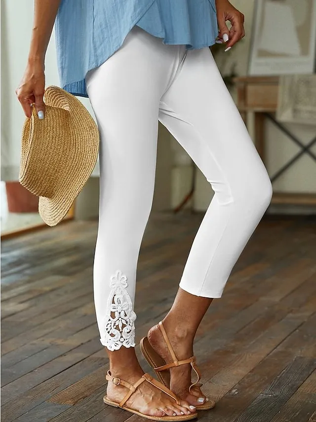 Women's Leggings Black White Grey Fashion Casual Daily Lace Ankle-Length Tummy Control Solid Colored L XL 2XL 3XL 4XL