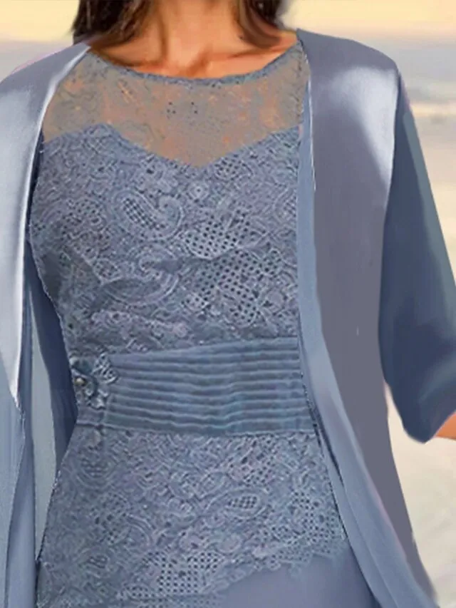 Women's Lace Dress Dress Set Wedding Guest Dress Midi Dress Dusty Blue Green 3/4 Length Sleeve Pure Color Lace up Summer Spring Fall Crew Neck Elegant Party Wedding Guest 2023 S M L XL 2XL 3XL