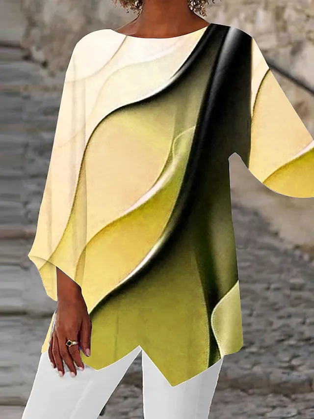 Women's Shirt Blouse Yellow Pink Purple Graphic Abstract Asymmetric Print Long Sleeve Casual Basic Neon & Bright Round Neck Regular Fit Spring Fall