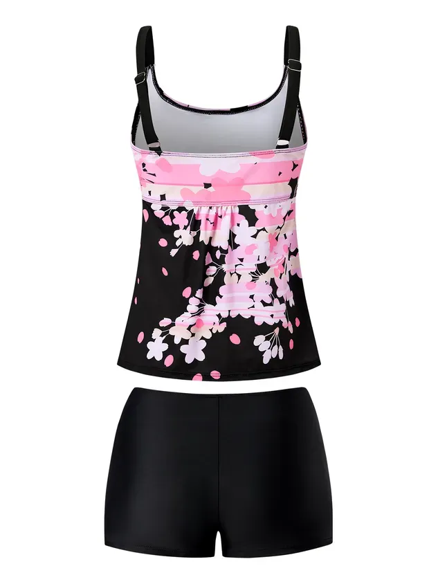 Vacation Floral Printing Scoop Neck Tankinis Two-Piece Set