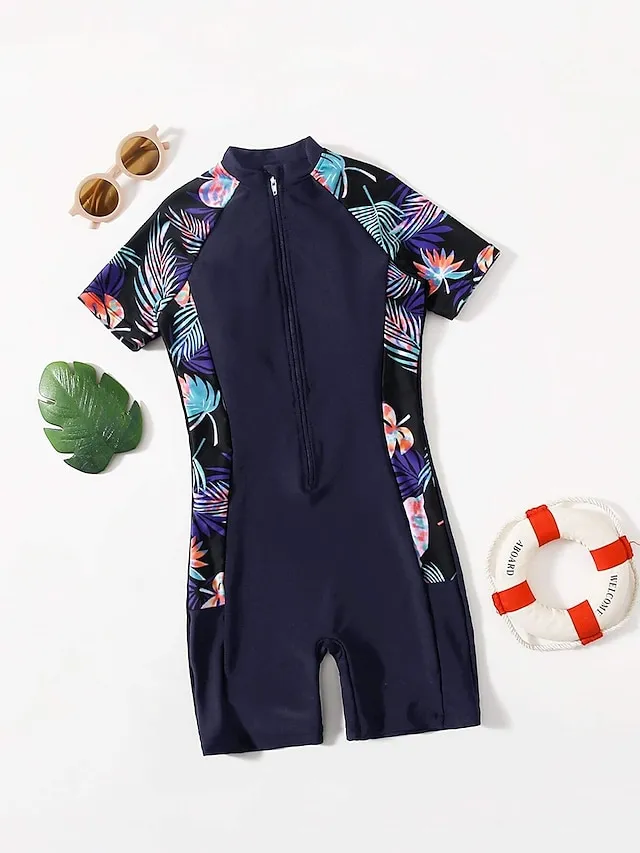 Women's Swimwear Rash Guard Diving Bathing Suits Normal Swimsuit Zipper UV Protection Modest Swimwear Tummy Control Printing Leaf Black Padded Scoop Neck Bathing Suits Sports Vacation Stylish