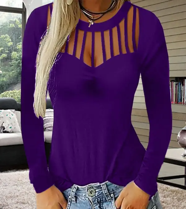 Long Sleeve Round Neck Pierced Sexy  T-Shirts