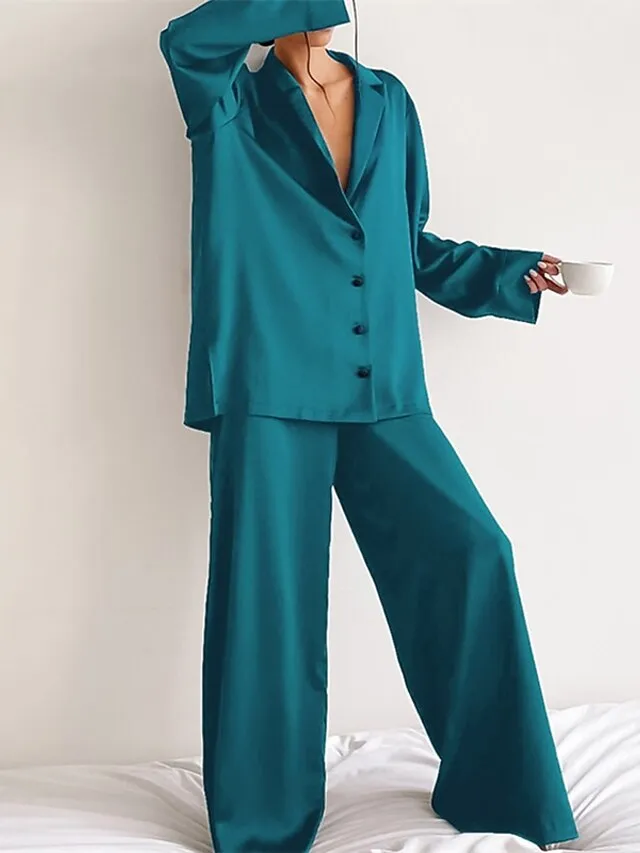 Women's Satin Silk Sleepwear 2Pcs Sets Pj Pure Color Lapel Long Sleeve Button and Wide Leg Pants Fashion Comfort Home Daily Summer Fall Blue Light Green