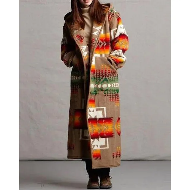 Women's Winter Coat Aztec Print Overcoat Long Coat Warm Heated Hoodie Jacket Long Sleeve Geometric White Black Yellow
