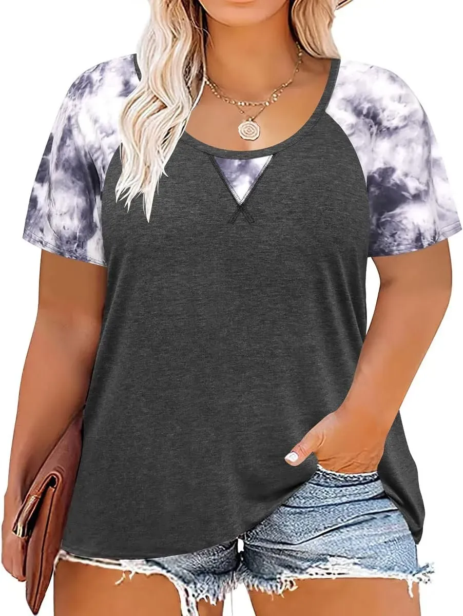 TIYOMI Plus Size T Shirt for Women Short Sleeve Tunic Cross Line Shirts Round Neck Tops Summer Blouse XL-5XL 14-28