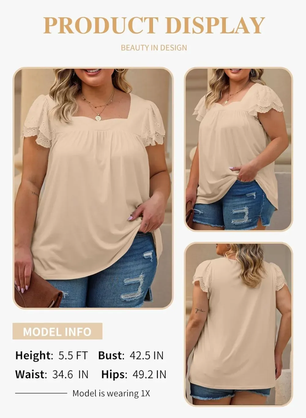 Eytino Womens Plus Size Tops Ruffle Short Sleeve Square Neck Summer Loose Casual Tee Shirts(1X-5X)