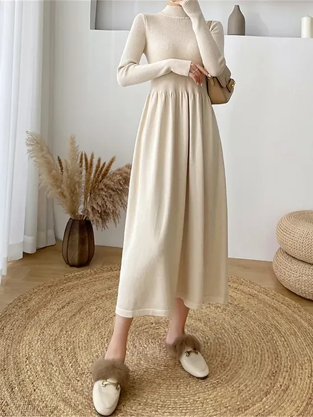 Women's Sweater Dress Knit Dress Jumper Dress Midi Dress Knitwear Elegant Fashion Plain Outdoor Daily Going out Turtleneck Long Sleeve 2023 Loose Fit Black Apricot One Size