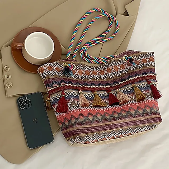 Women's Tote Shoulder Bag Hobo Bag Straw Bag Polyester Holiday Beach Tassel Zipper Large Capacity Breathable Lightweight Color Block Patchwork Folk Red Blue Orange