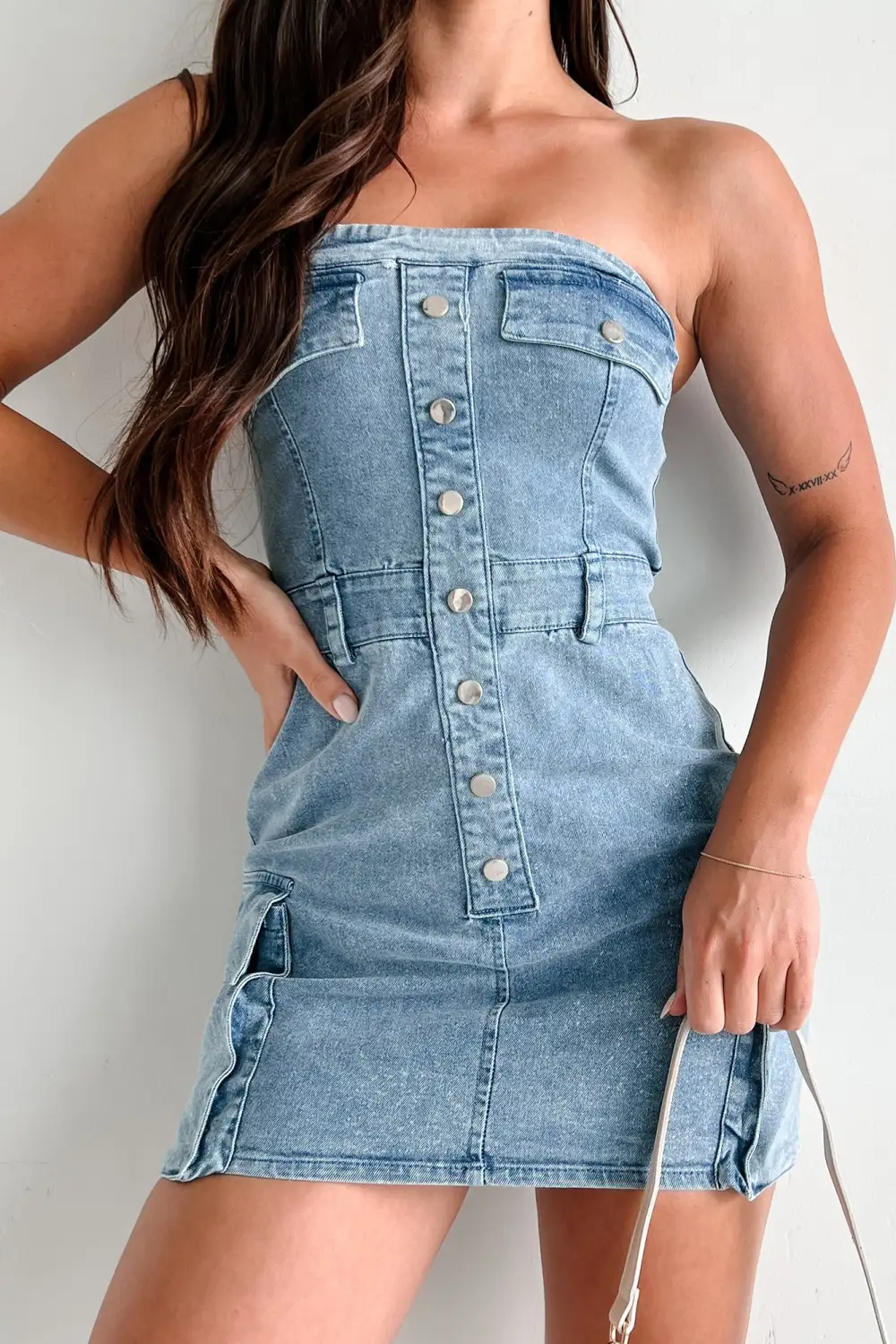 Strapless Cargo Denim Mini Dress