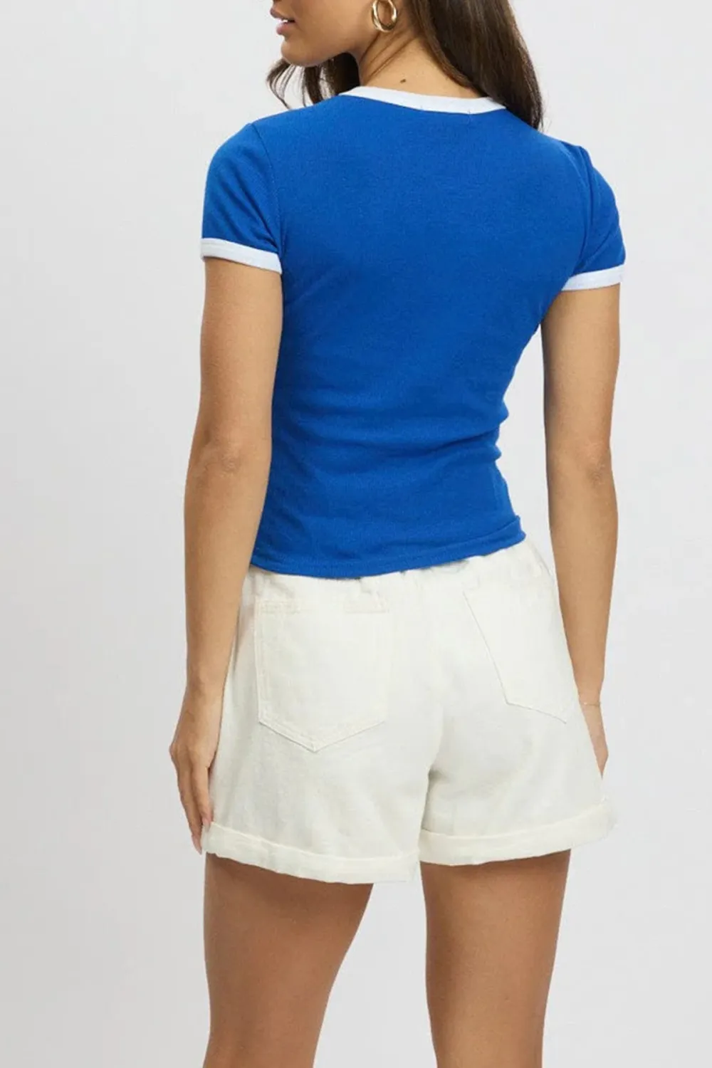 Blue Graphic Tee V Neck Short Sleeve