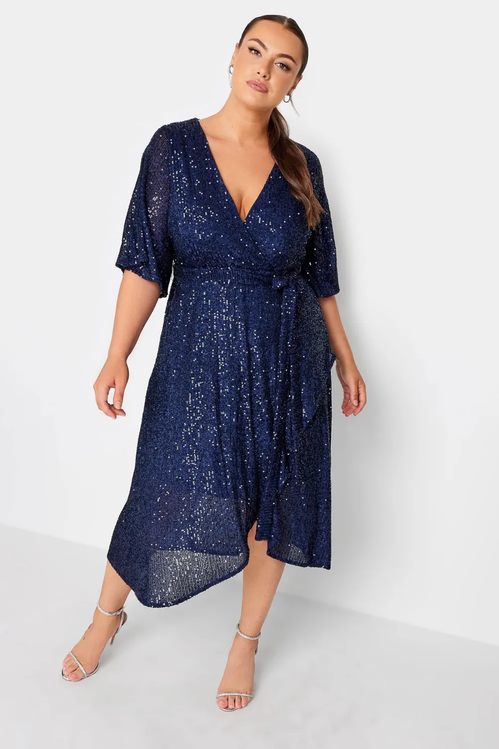 YOURS LONDON Curve Navy Blue Sequin Wrap Dress