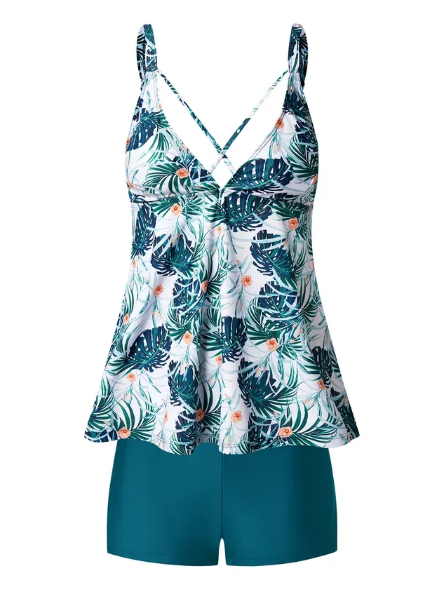 Vacation Floral Printing V neck Tankinis Two-Piece Set