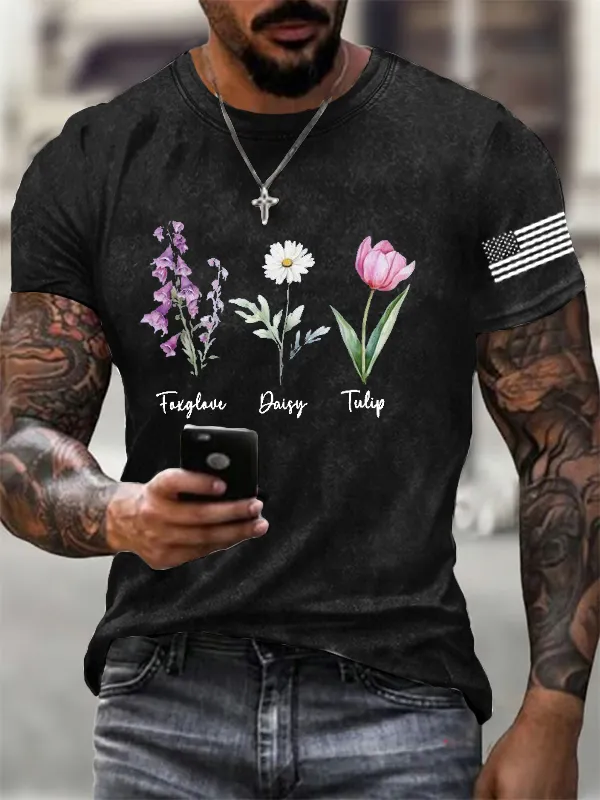 Men'S FDT Flowers Printed Cotton Washed T-Shirt