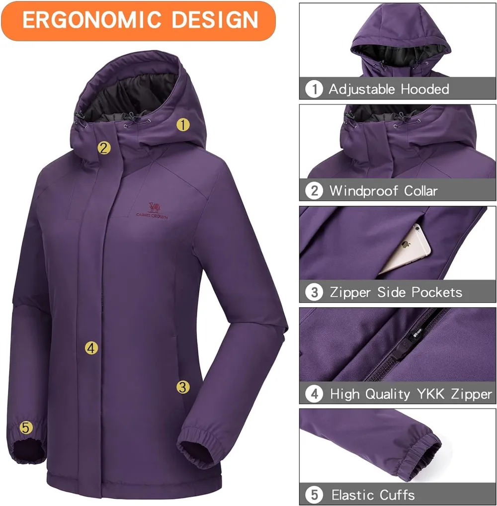 Women's Waterproof Mountain Ski Snow Jacket with Fleece Outdoor Windproof Raincoat Hooded for Fall and Winter