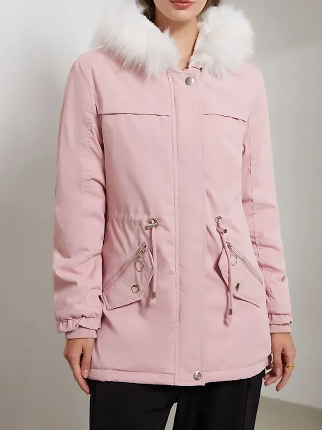Women's Parka Puffer Coat Thermal Warm Winter Coat Windproof Heated Coat with Fur Collar Fall Zip up Drawstring Fleece Jacket with Pockets Outerwear Pink Black Pink Mid-Length