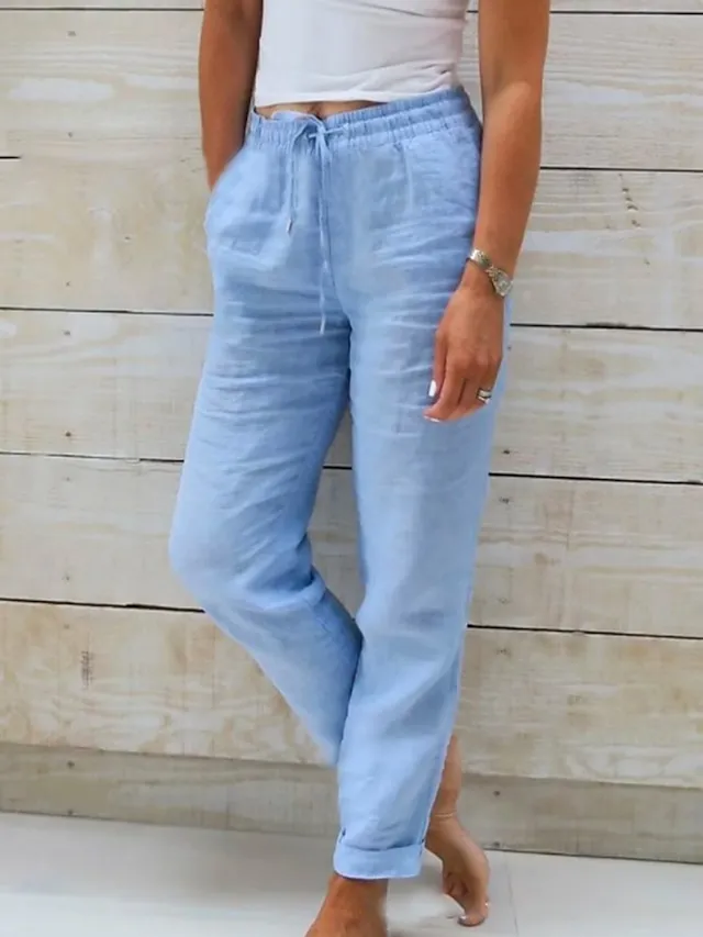 Women's Loungewear Pants Pure Color Simple Basic Casual Home Daily Vacation Cotton Breathable Pant Pocket Elastic Waist Summer Spring Blue