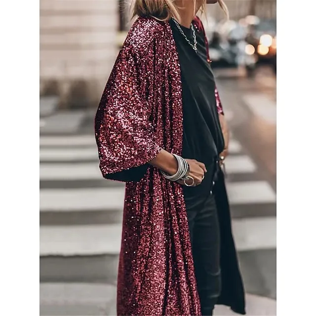 Women's Casual Jacket Sparkly Sequins Fall Spring Regular Coat Regular Fit Windproof Breathable Stylish Colorful Jacket 3/4 Length Sleeve Pure Color Silver Lotus Wine Party Street Vacation