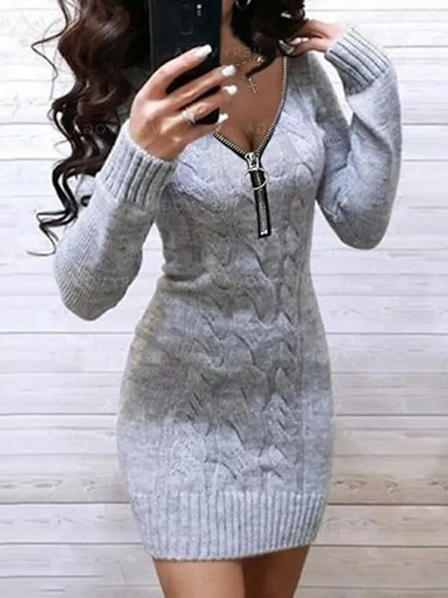 Women‘s Sweater Dress Winter Dress Wine Red Denim Blue Black gray Green Pink Light Gray Light Blue Grey White Long Sleeve Pure Color Jacquard Winter Fall V Neck Casual 2022 S M L XL XXL XXXL