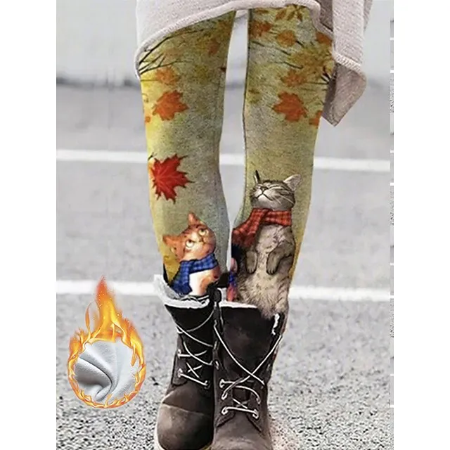 Women's Fleece Lined Leggings Warm Full Length Winter Leggings Print Micro-elastic Mid Waist Fashion Christmas Gifts Christmas Black Yellow S M Winter