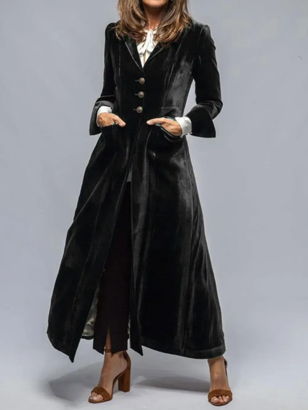 Velvet Lapel Collar Tunic Single Breasted Ankle Length Coat